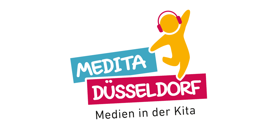 Gelbe Figur mit Kopfhörern tanzt. Daneben die Wortmarke Medita Düsseldorf. Untertitel: Medien in der Kita.