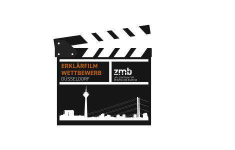 Filmklappe mit der Aufschrift "Erklärfilmwettbewerb Düsseldorf", dem Logo des LVR-ZMB und der Skyline von Düsseldorf