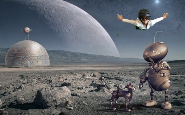 Fotomontage: Ein Kind schwebt mit ausgestreckten Armen und Pilot*innenhelm über einem Planeten. Auf dem Planeten stehen ein Roboter und ein Roboterhund.